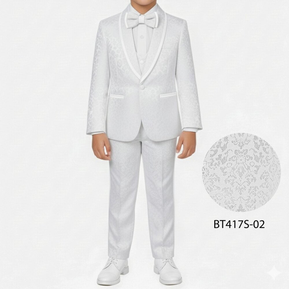White Paisley Shawl Collar 5 Piece Boys Tuxedo